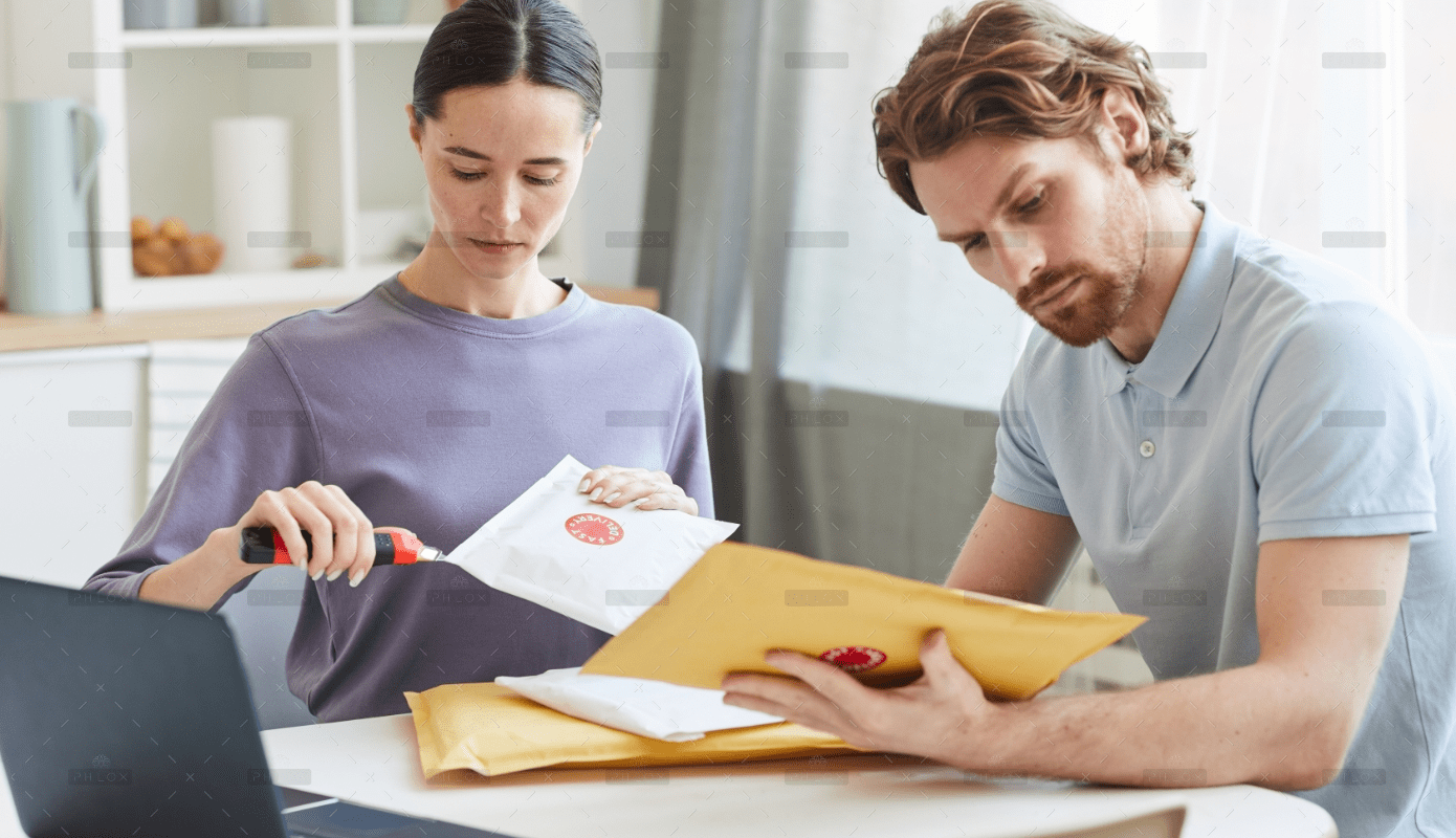 A man and woman looking at an envelope.